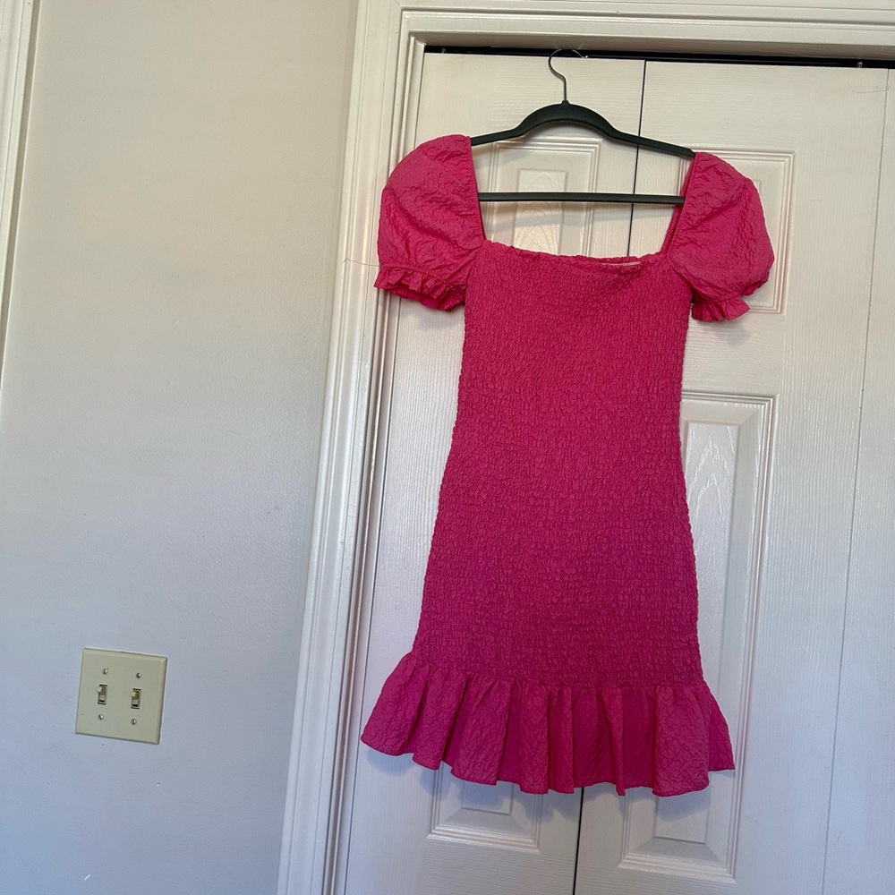 Zara Texture Weave Puff Sleeve Hot Pink Mini Dress Size XS - Picture 2 of 7